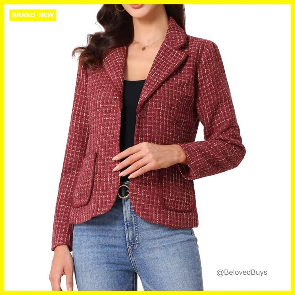 Tweed Blazer Notch Lapel Long Sleeve Business Casual Jacket Regular Fit